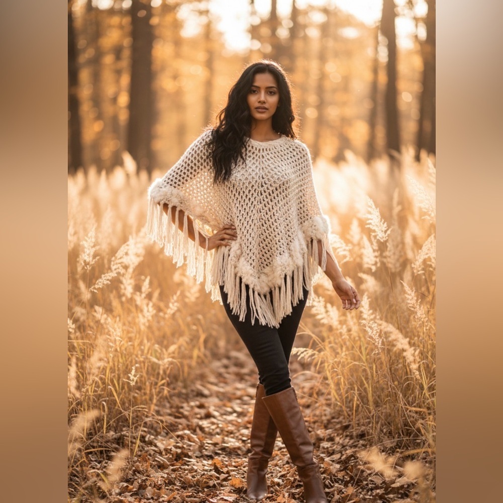 Handmade Cream Knit Poncho Shawl with Fringe and Rabbit Fur